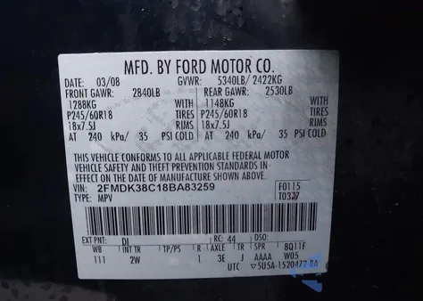 2008 Ford Edge Sel from USA, damaged, VIN 2FMDK38C18BA83259